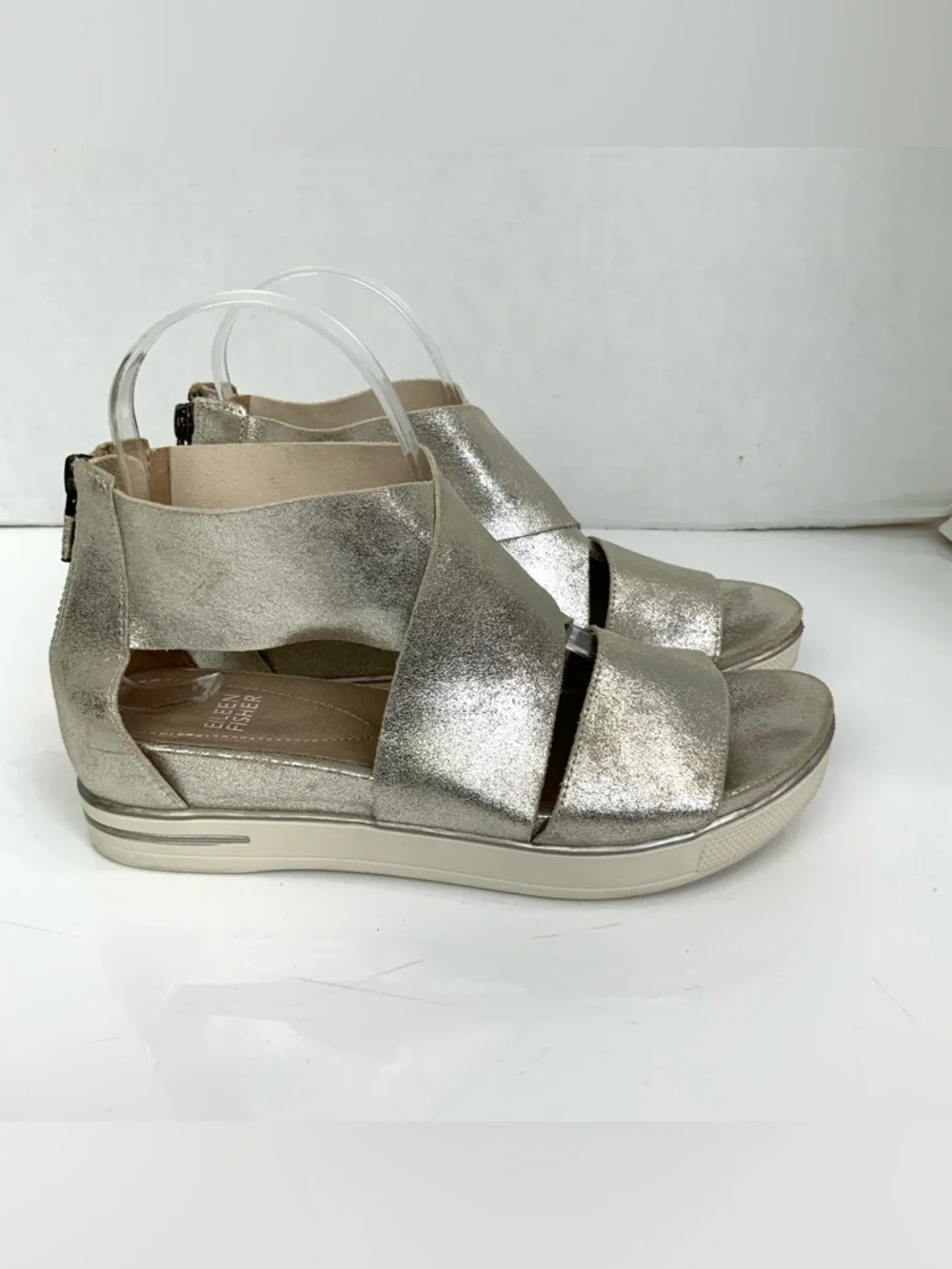 Eileen Fisher Sz 7 Sport Platform Sandals Suede Criss Cross Platinum Silver